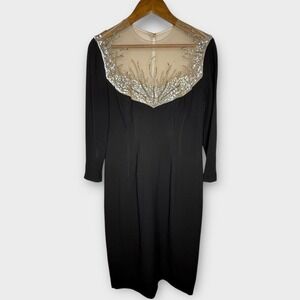 VTG 1950s Mr. Blackwell Black Sequin Beaded Illusion Neck‎ Cocktail Dress Small